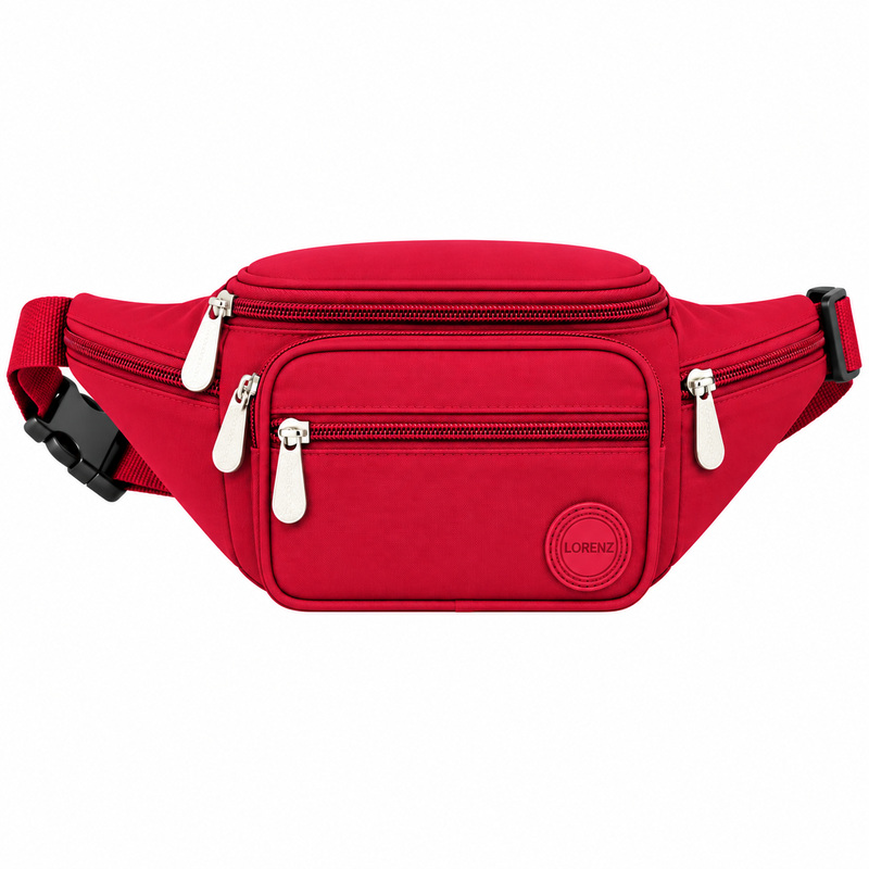 2522 Red Crinckled Nylon Bumbag W/6 Pockets (New) (image for) 2522 Red Crinckled Nylon Bumbag W/6 Pockets (New)